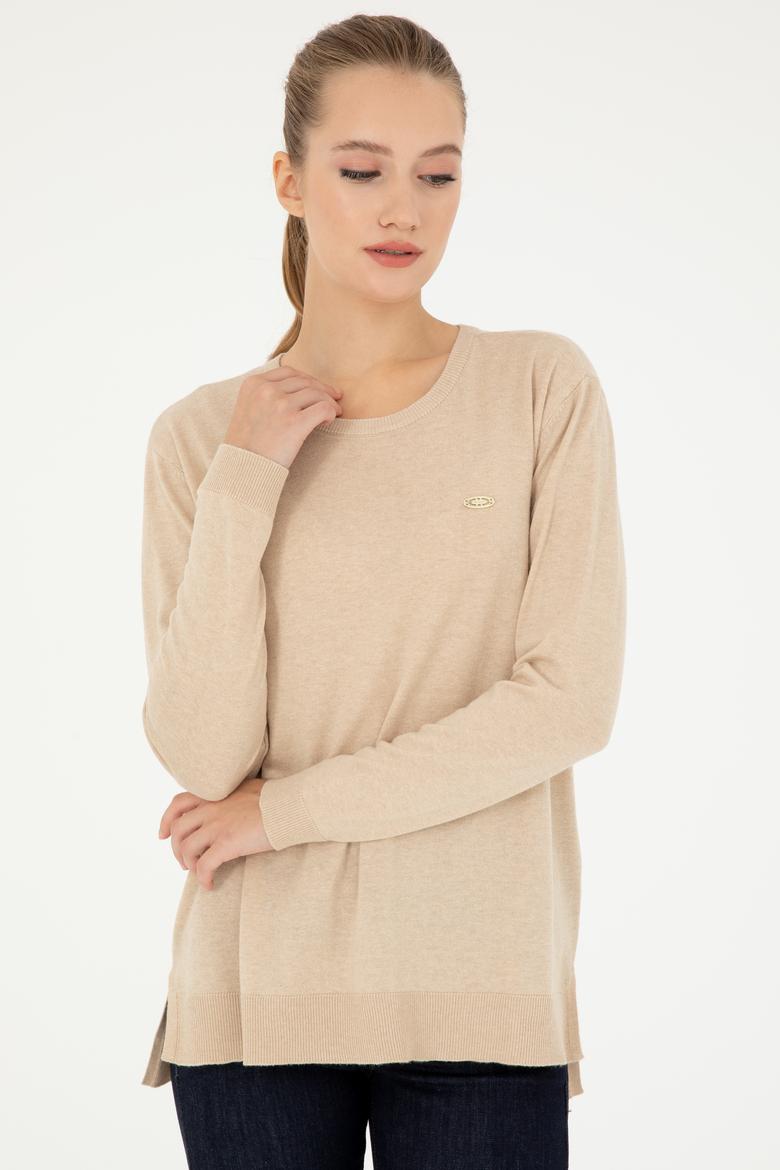 Kadın Kum Melanj Bisiklet Yaka Basic Kazak - 50293510046