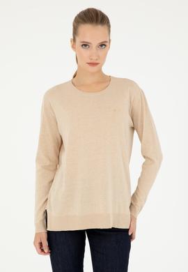 Kadın Kum Melanj Bisiklet Yaka Basic Kazak - 50293510046