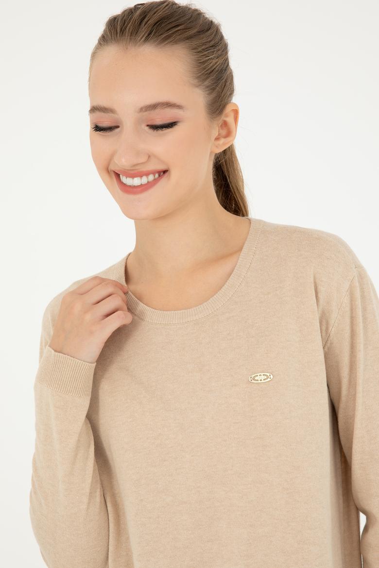 Kadın Kum Melanj Bisiklet Yaka Basic Kazak - 50293510046