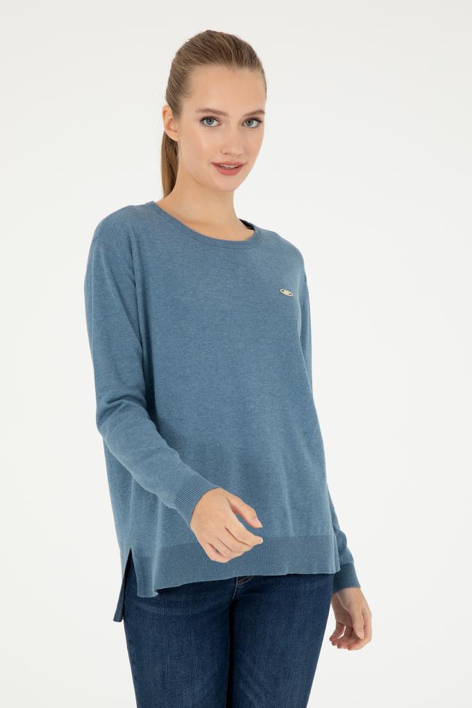 Kadın Mavi Bisiklet Yaka Basic Kazak