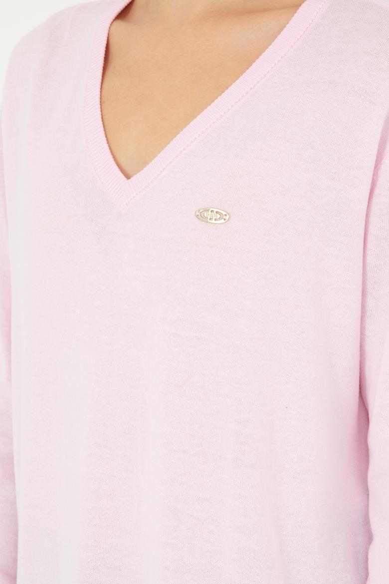 Kadın Pembe V Yaka Basic Kazak - 50293543048