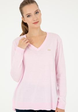 Kadın Pembe V Yaka Basic Kazak - 50293543048