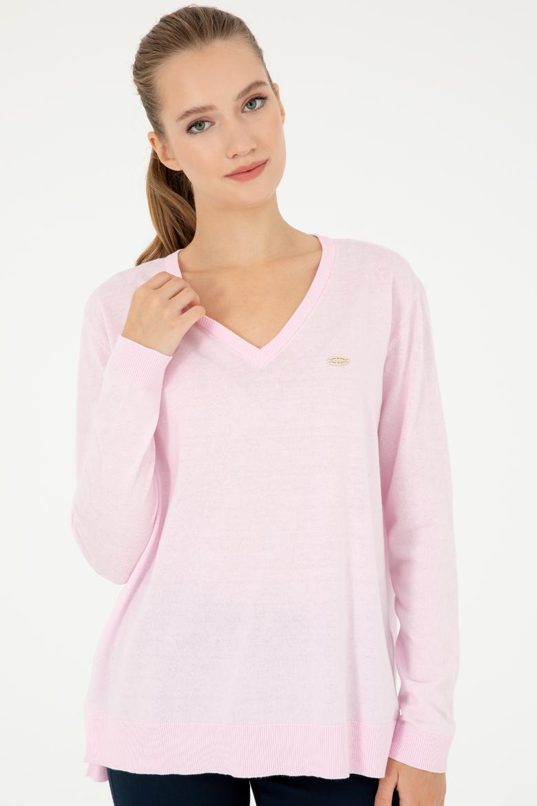 Kadın Pembe V Yaka Basic Kazak - 50293543048