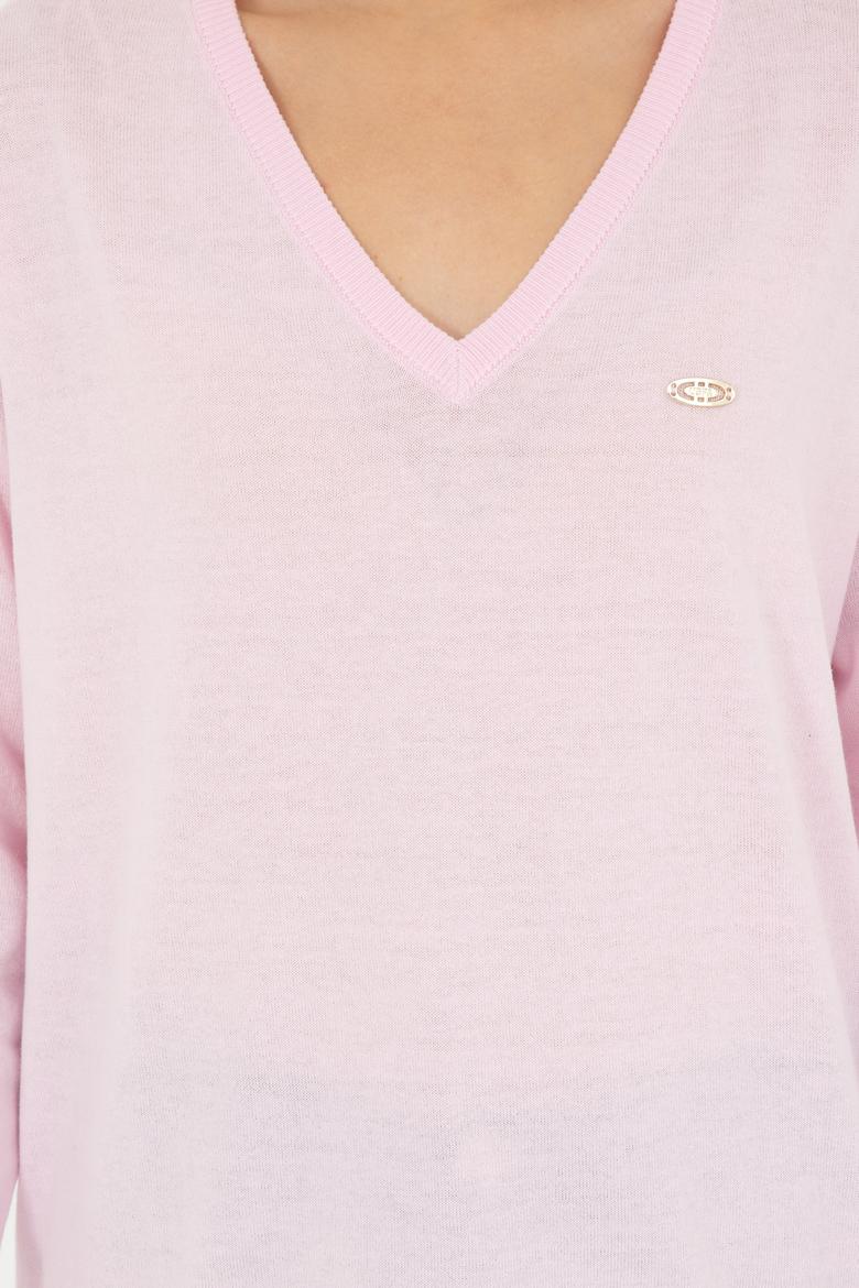 Kadın Pembe V Yaka Basic Kazak - 50293543048