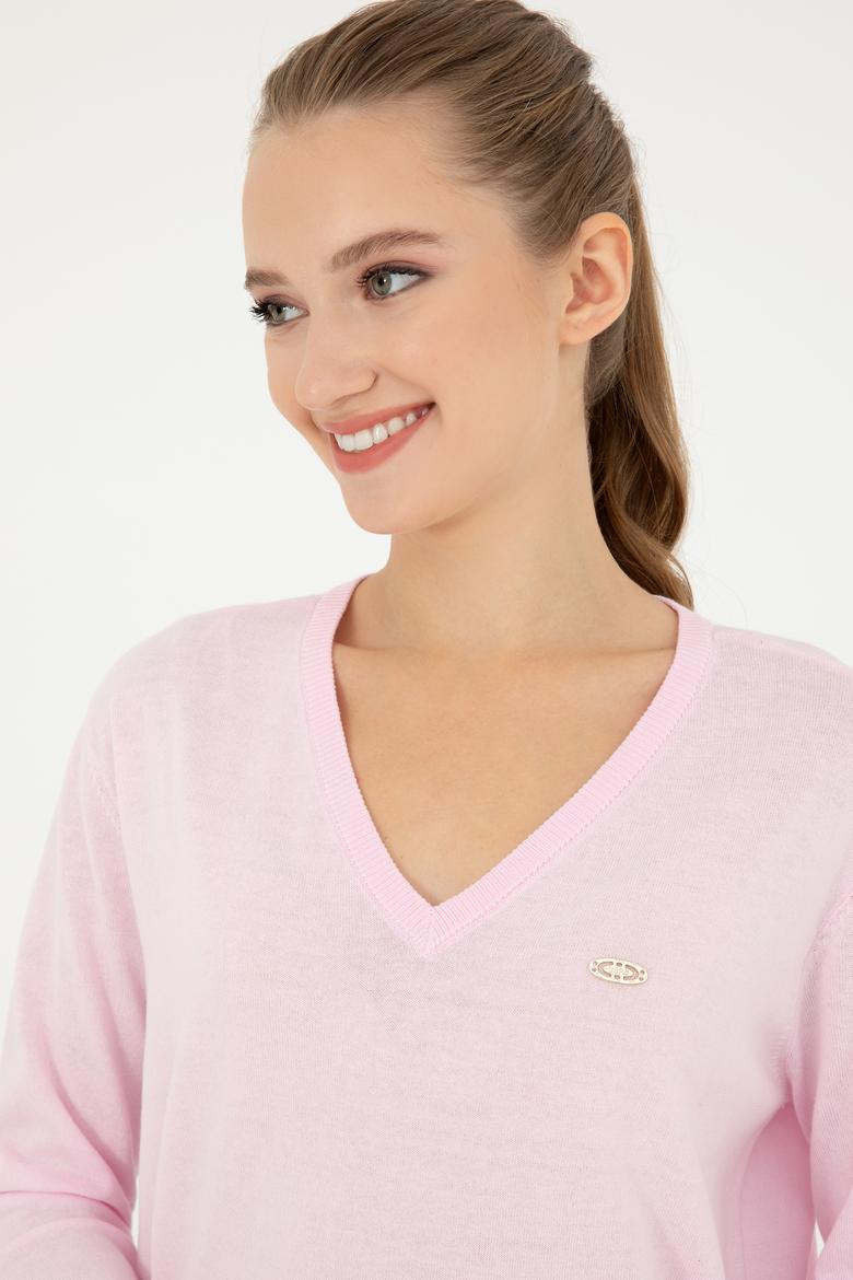 Kadın Pembe V Yaka Basic Kazak - 50293543048