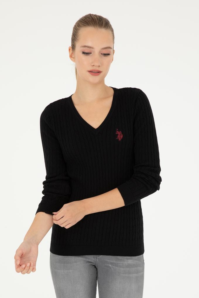 Kadın Siyah V Yaka Basic Kazak