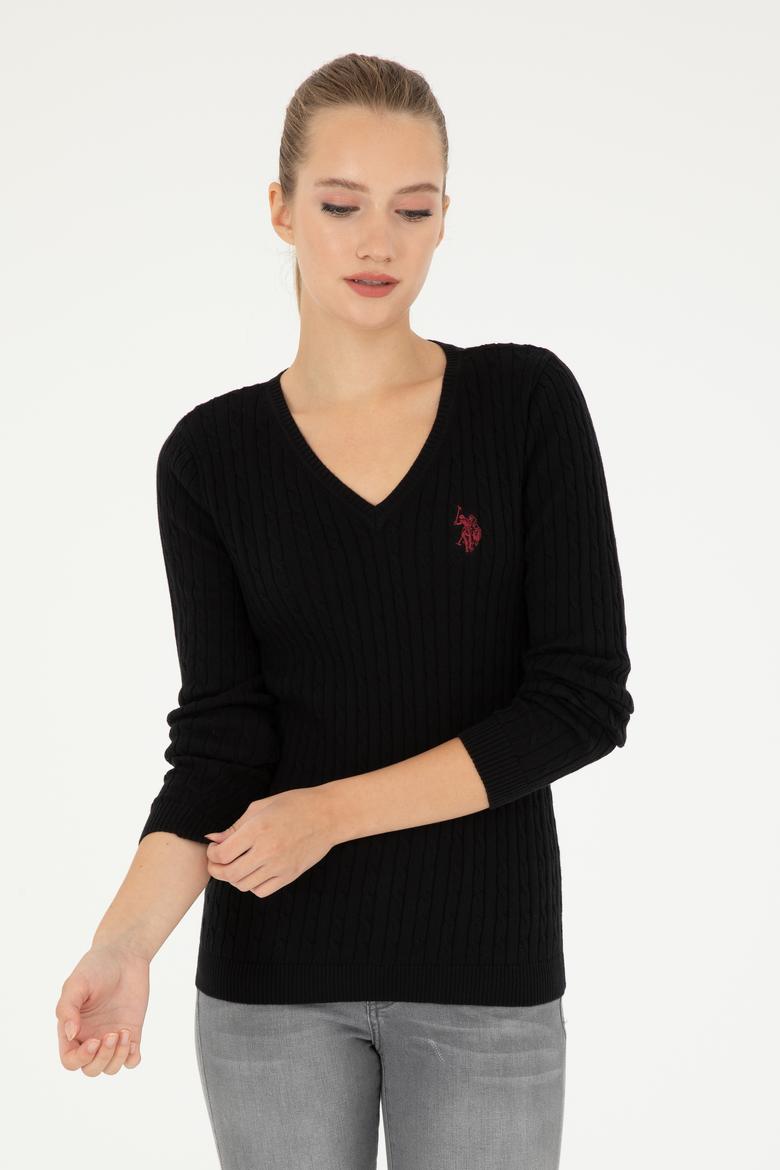 Kadın Siyah V Yaka Basic Kazak