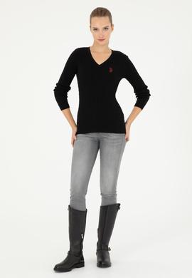 Kadın Siyah V Yaka Basic Kazak - 50293561047
