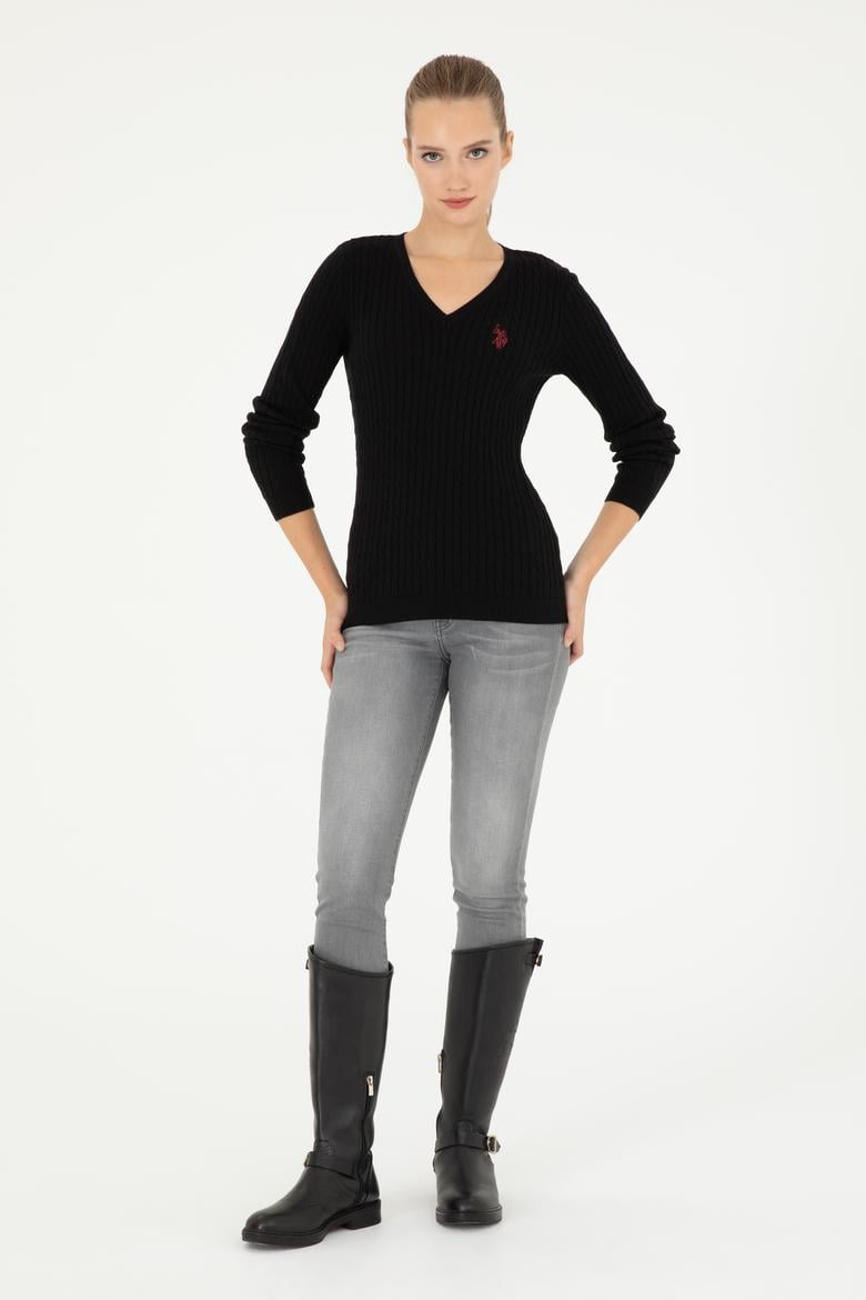 Kadın Siyah V Yaka Basic Kazak - 50293561047