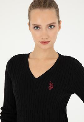 Kadın Siyah V Yaka Basic Kazak - 50293561047