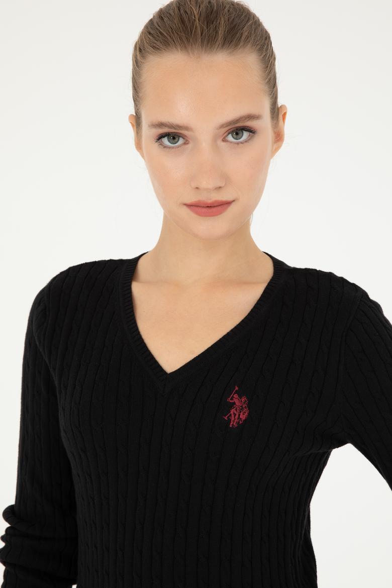 Kadın Siyah V Yaka Basic Kazak - 50293561047