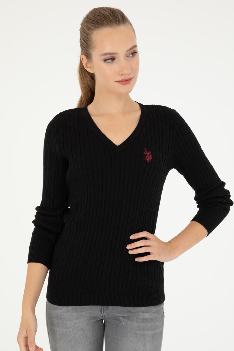 Kadın Siyah V Yaka Basic Kazak - 50293561047