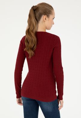 Kadın Bordo V Yaka Basic Kazak - 50293561066