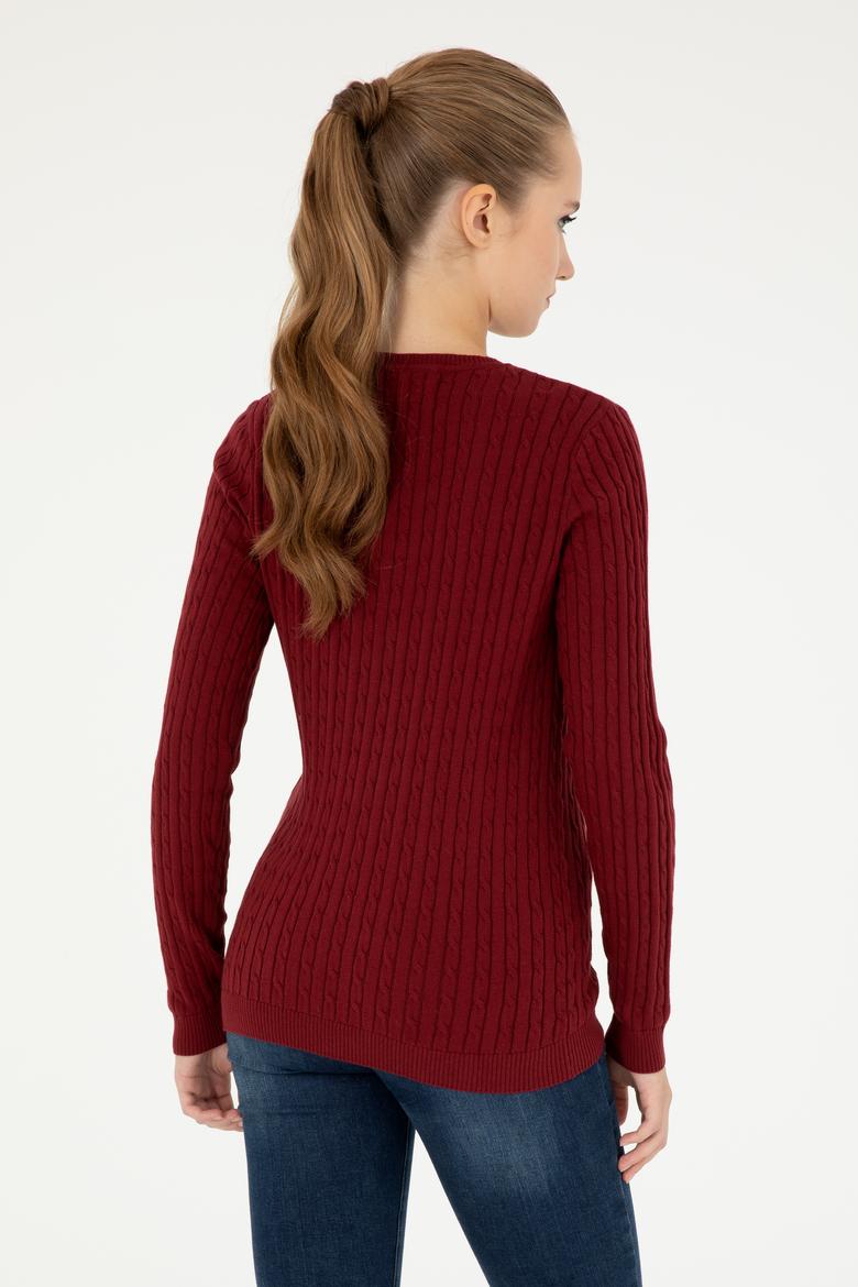 Kadın Bordo V Yaka Basic Kazak - 50293561066