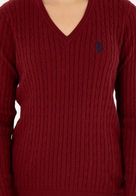 Kadın Bordo V Yaka Basic Kazak - 50293561066