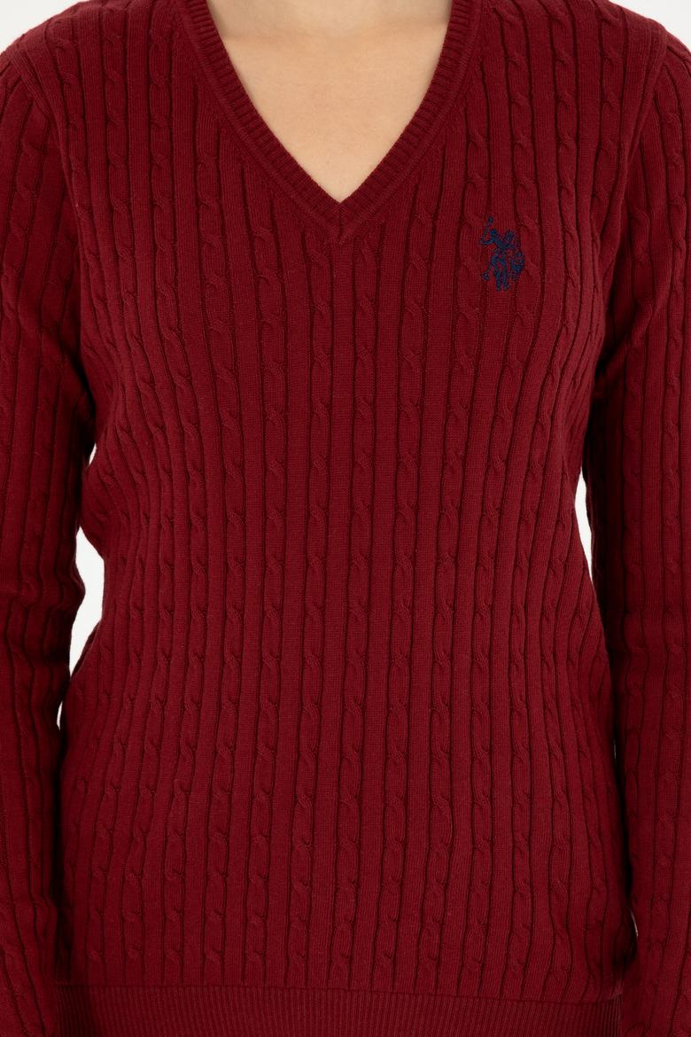 Kadın Bordo V Yaka Basic Kazak - 50293561066