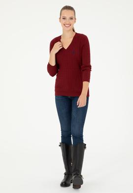 Kadın Bordo V Yaka Basic Kazak - 50293561066