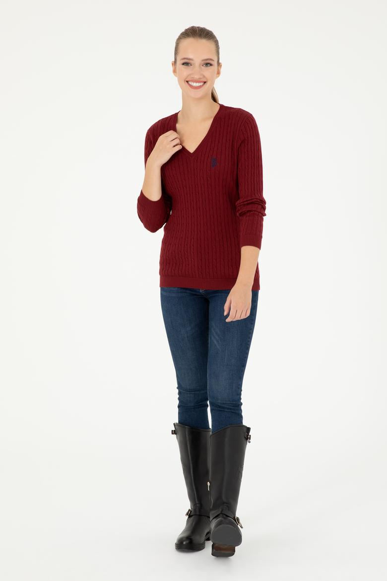 Kadın Bordo V Yaka Basic Kazak - 50293561066