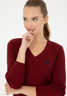 Kadın Bordo V Yaka Basic Kazak - 50293561066