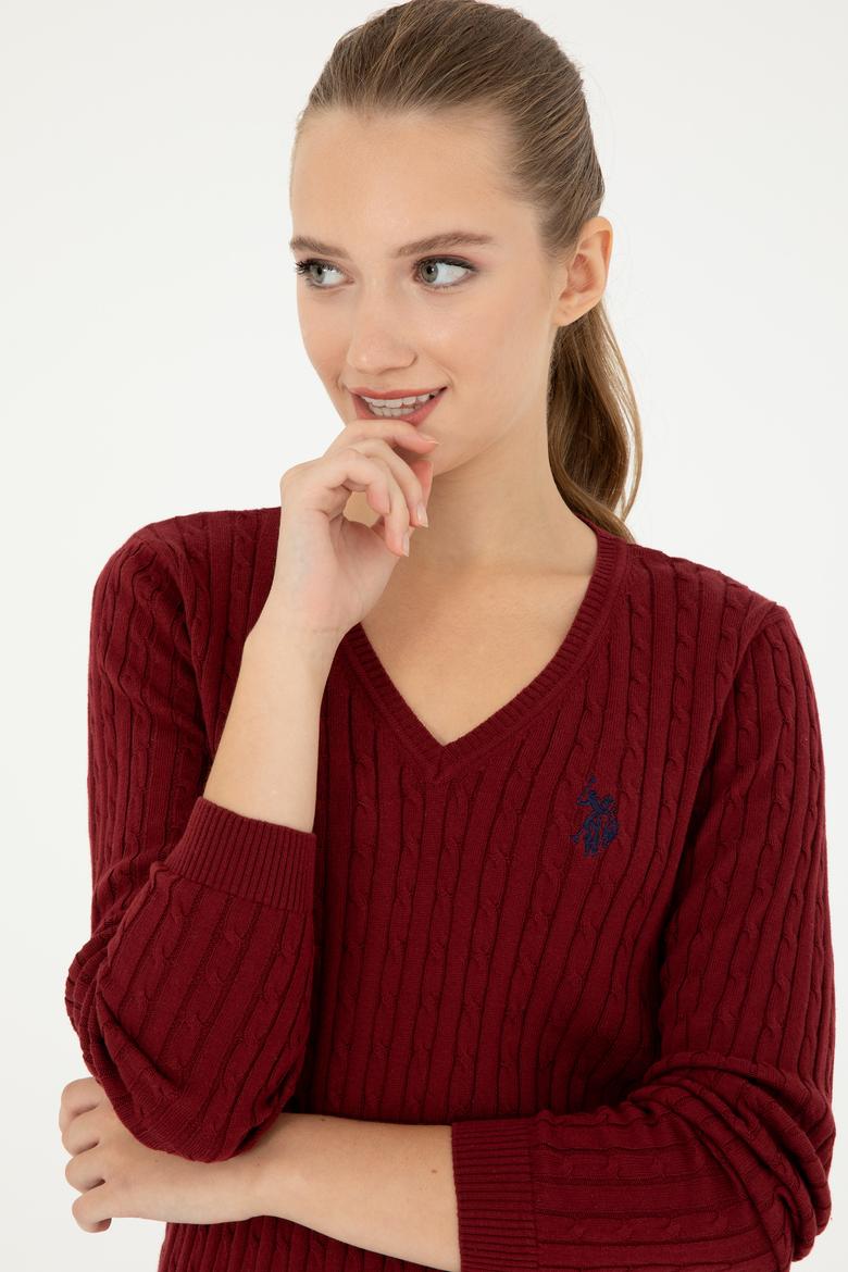 Kadın Bordo V Yaka Basic Kazak - 50293561066