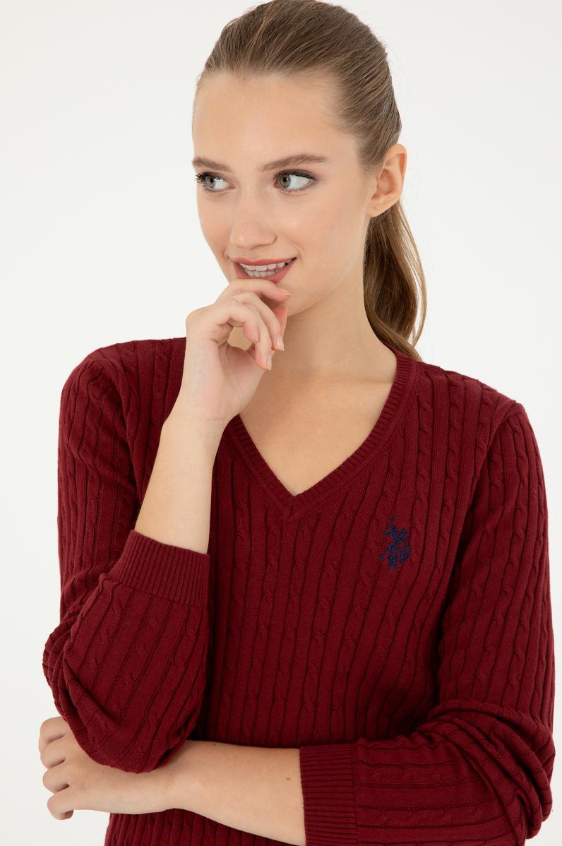 Kadın Bordo V Yaka Basic Kazak