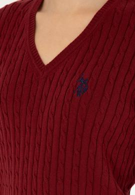 Kadın Bordo V Yaka Basic Kazak - 50293561066