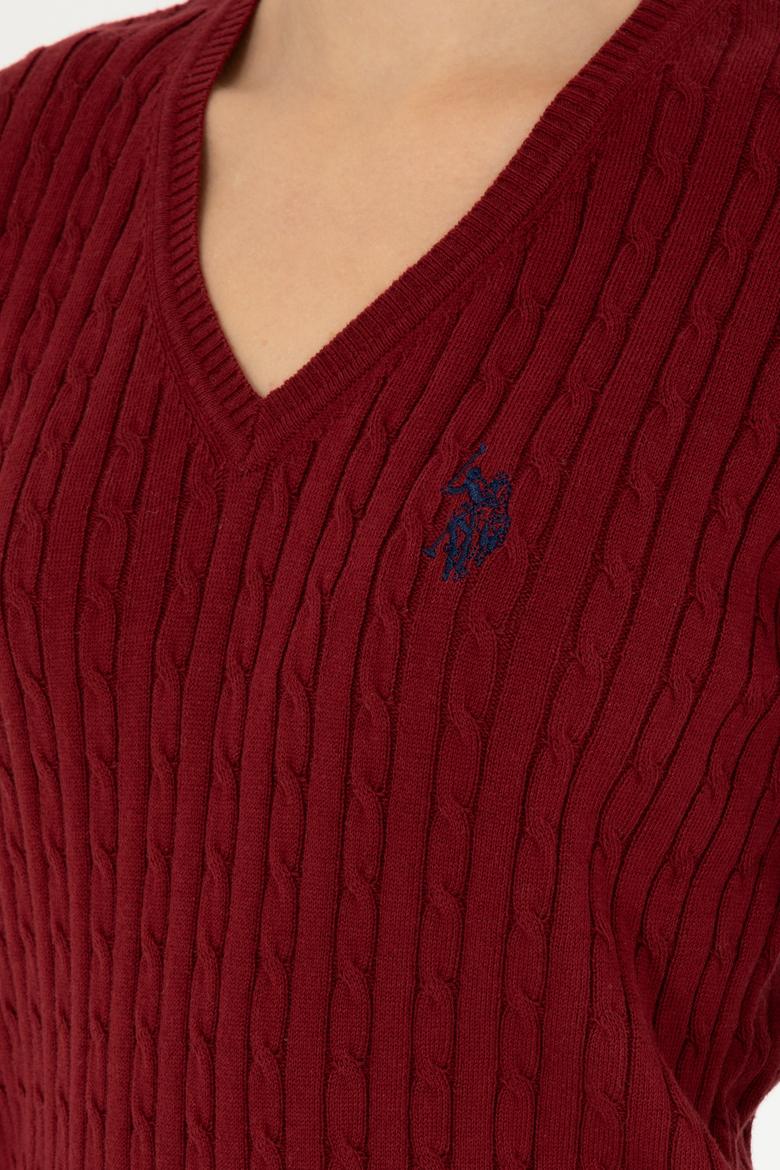 Kadın Bordo V Yaka Basic Kazak - 50293561066