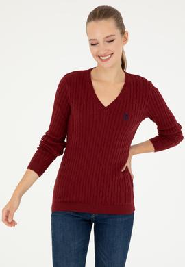 Kadın Bordo V Yaka Basic Kazak - 50293561066