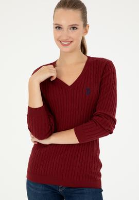 Kadın Bordo V Yaka Basic Kazak - 50293561066