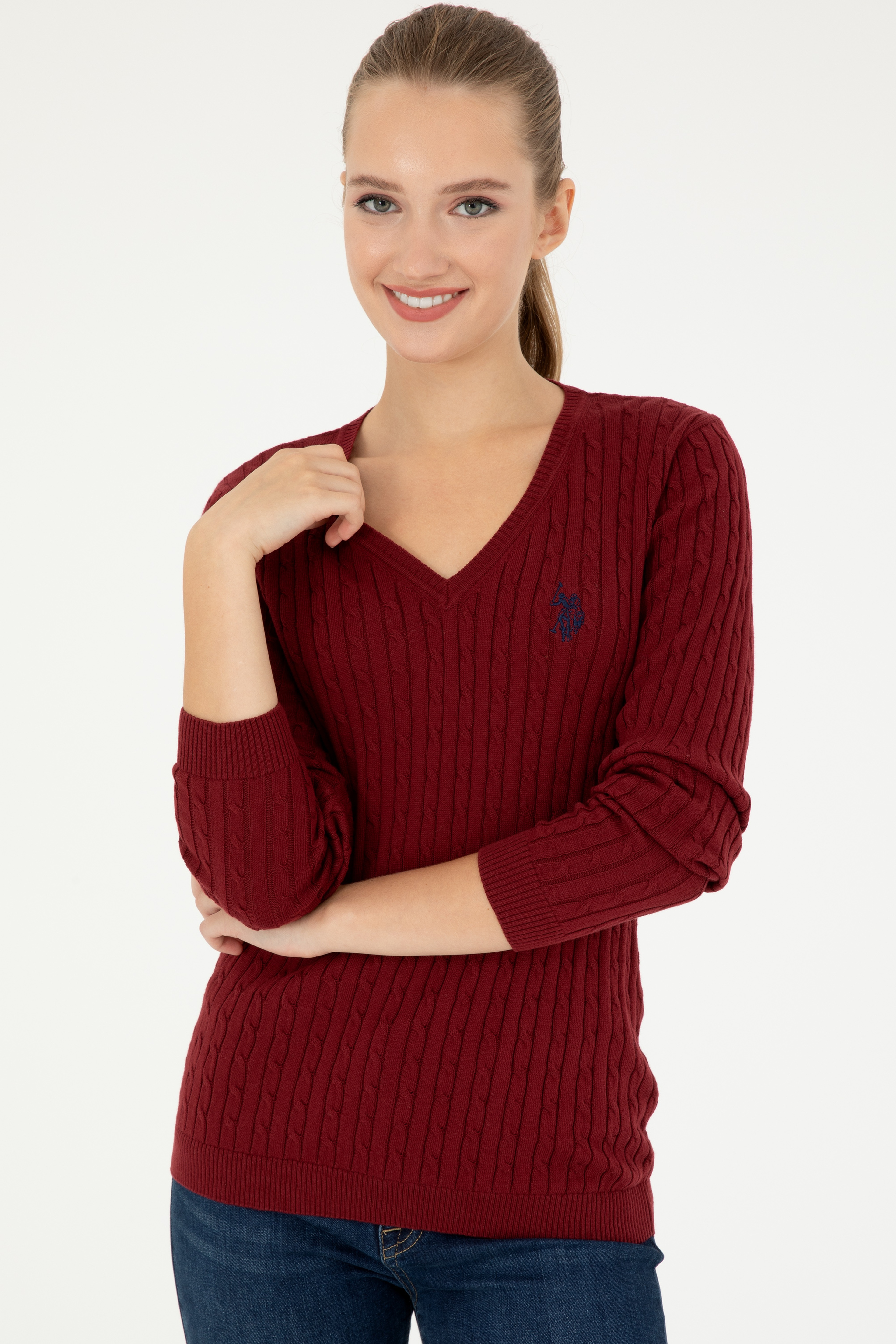 Kadın Bordo V Yaka Basic Kazak - Image 3