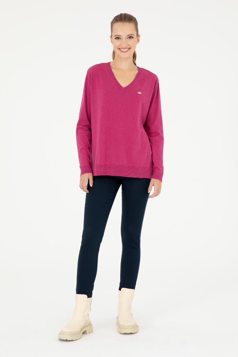 Kadın Fuşya V Yaka Basic Kazak - 50293543061