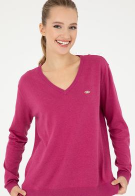 Kadın Fuşya V Yaka Basic Kazak - 50293543061