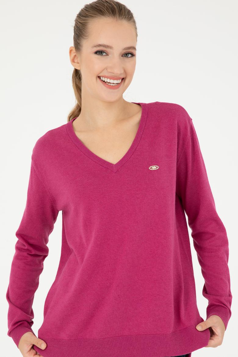 Kadın Fuşya V Yaka Basic Kazak - 50293543061