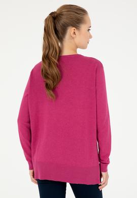 Kadın Fuşya V Yaka Basic Kazak - 50293543061