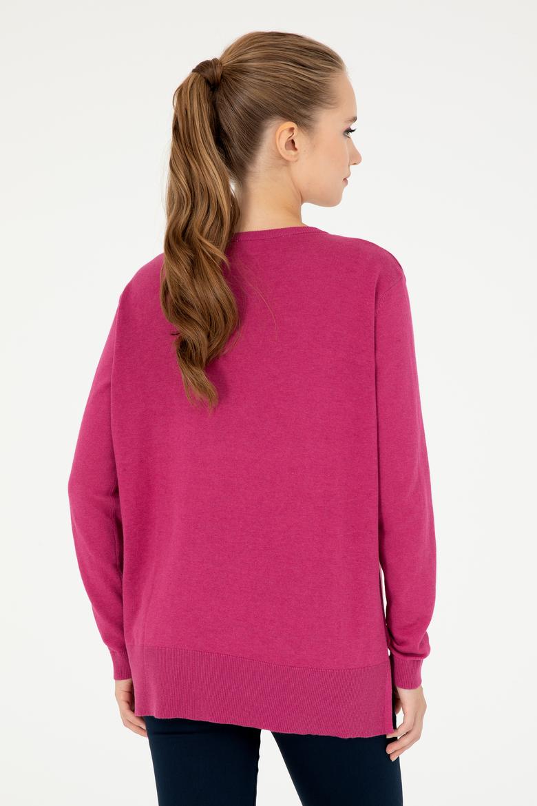 Kadın Fuşya V Yaka Basic Kazak - 50293543061