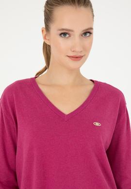 Kadın Fuşya V Yaka Basic Kazak - 50293543061