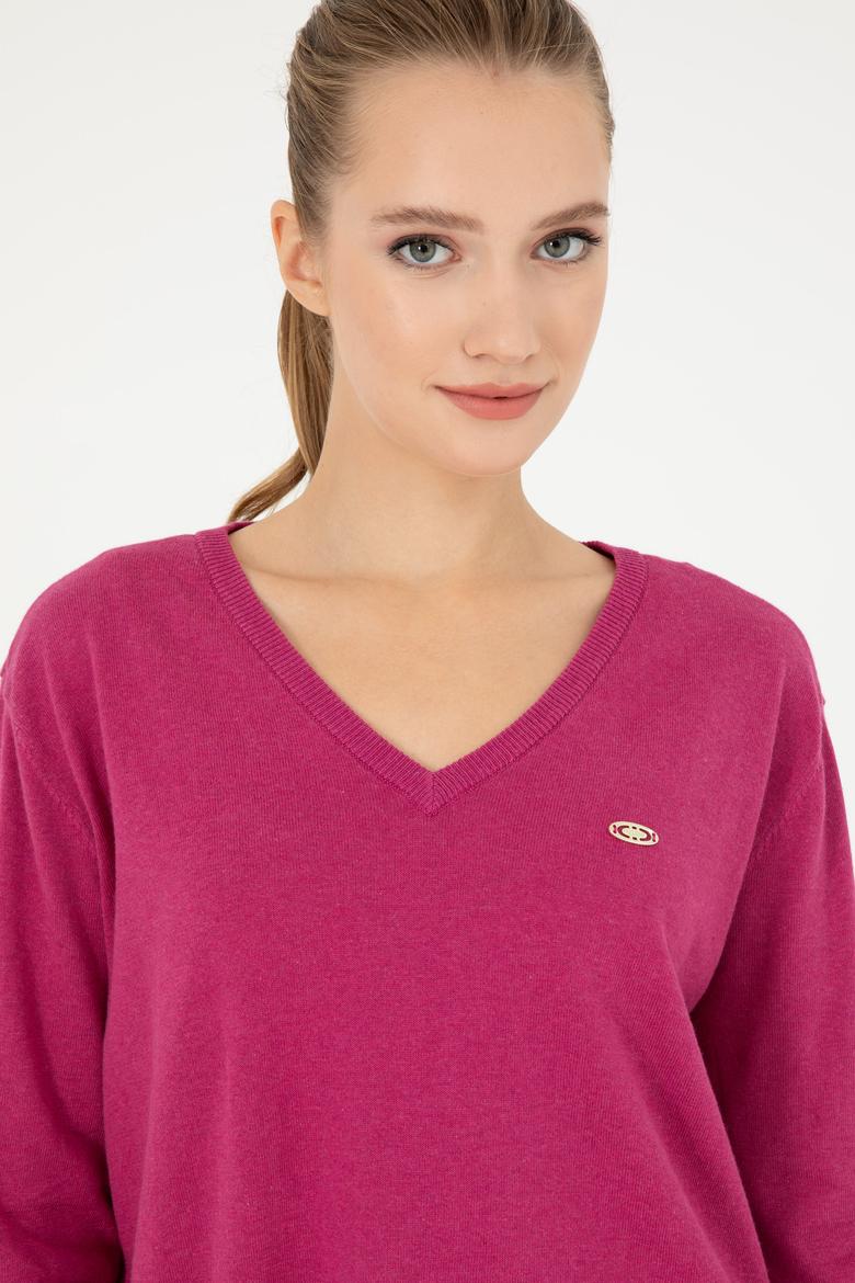 Kadın Fuşya V Yaka Basic Kazak - 50293543061