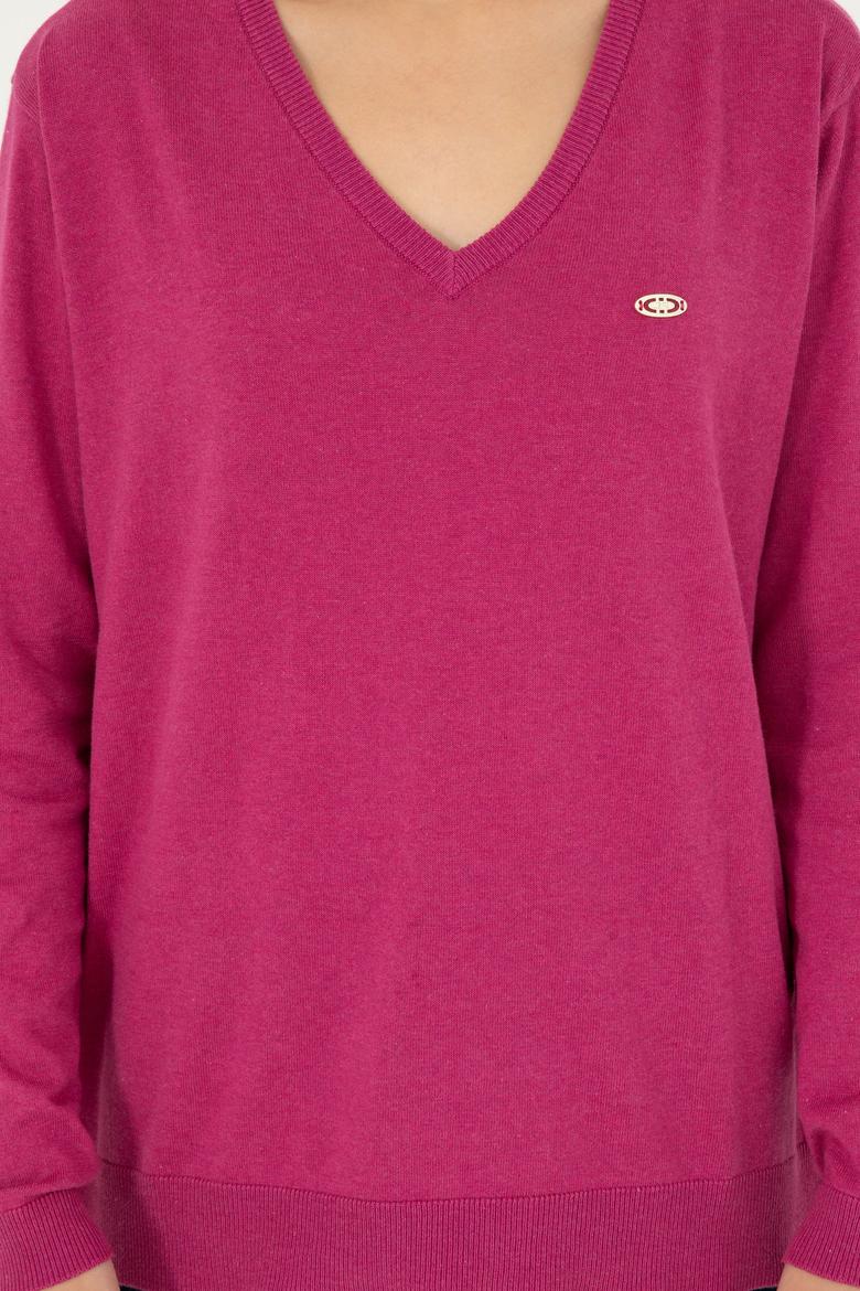 Kadın Fuşya V Yaka Basic Kazak - 50293543061