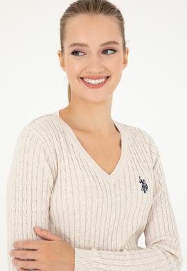 Kadın Krem Melanj V Yaka Basic Kazak - 50293561055