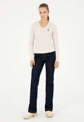 Kadın Krem Melanj V Yaka Basic Kazak - 50293561055