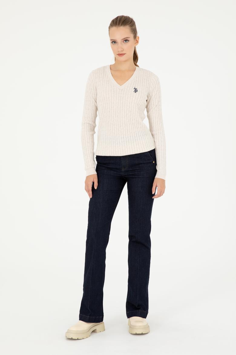 Kadın Krem Melanj V Yaka Basic Kazak - 50293561055