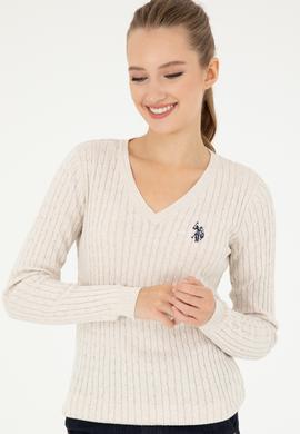 Kadın Krem Melanj V Yaka Basic Kazak - 50293561055