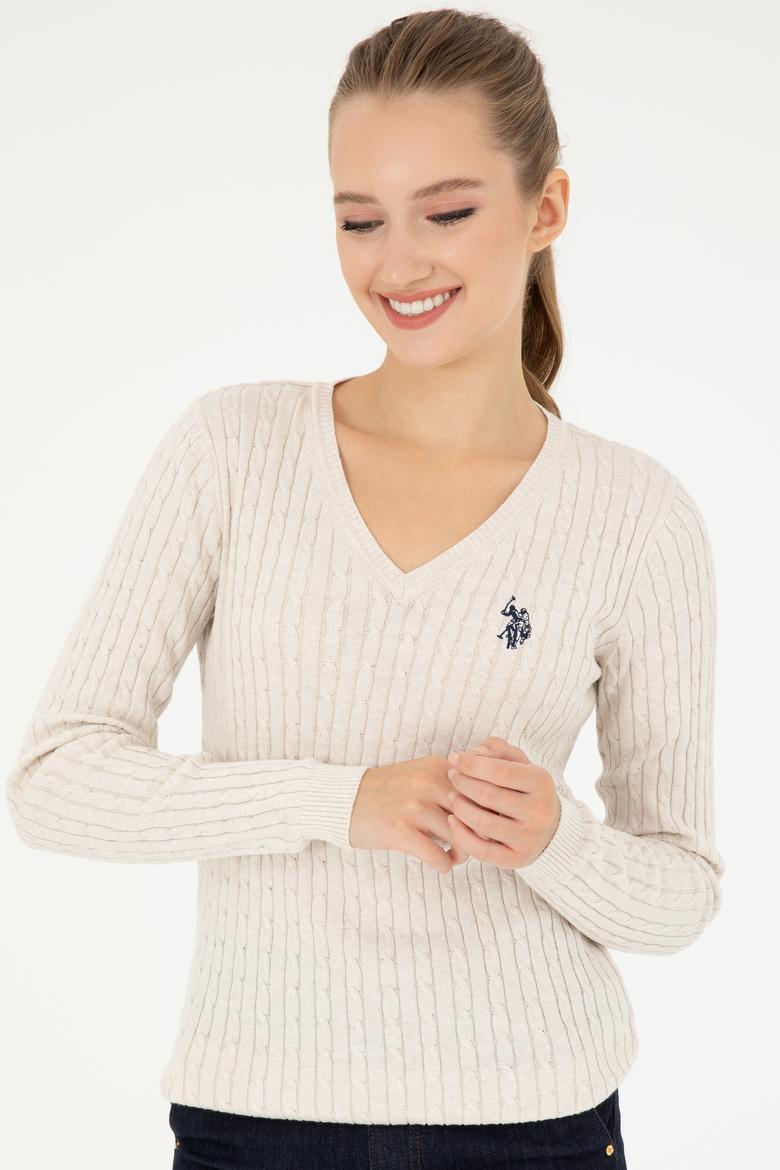 Kadın Krem Melanj V Yaka Basic Kazak - 50293561055
