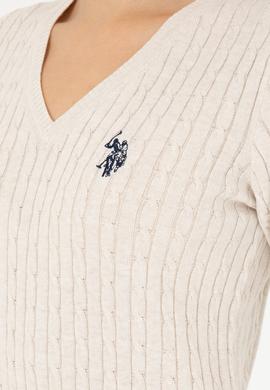 Kadın Krem Melanj V Yaka Basic Kazak - 50293561055