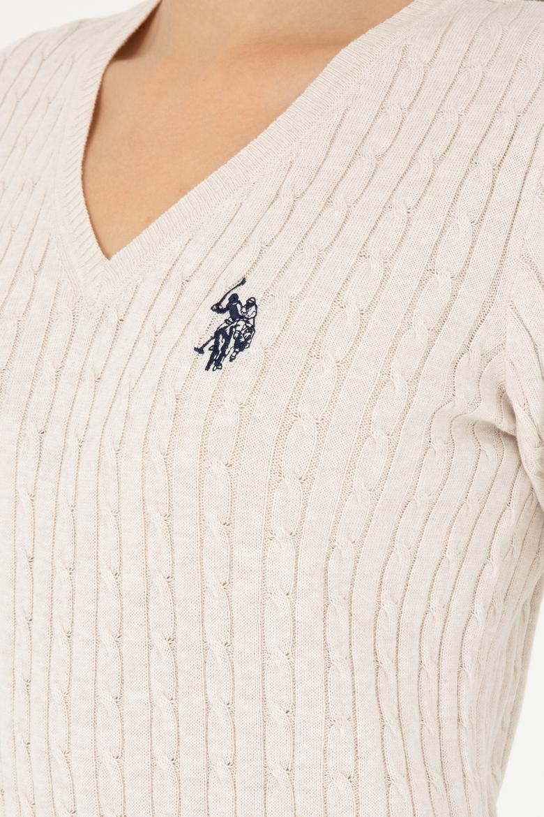 Kadın Krem Melanj V Yaka Basic Kazak - 50293561055