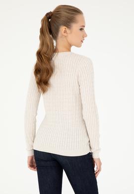 Kadın Krem Melanj V Yaka Basic Kazak - 50293561055