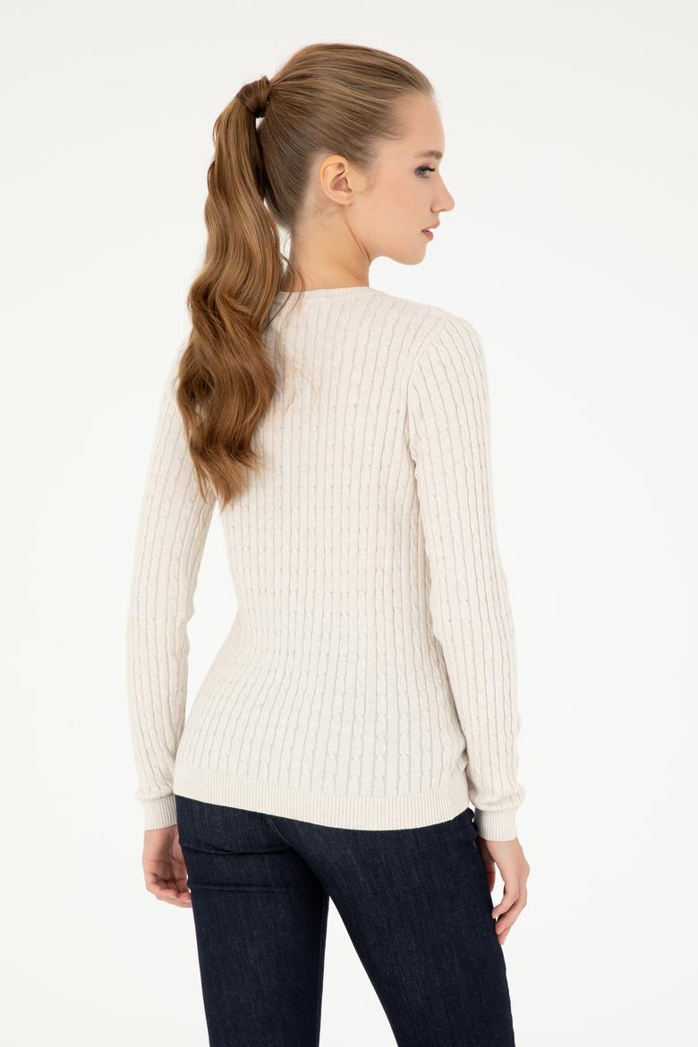 Kadın Krem Melanj V Yaka Basic Kazak - 50293561055