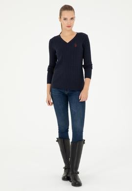 Kadın Lacivert V Yaka Basic Kazak - 50293561039