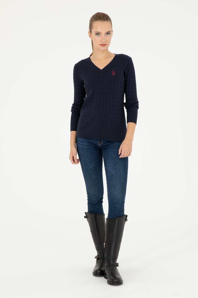 Kadın Lacivert V Yaka Basic Kazak - 50293561039