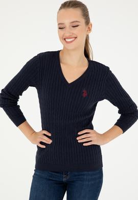 Kadın Lacivert V Yaka Basic Kazak - 50293561039